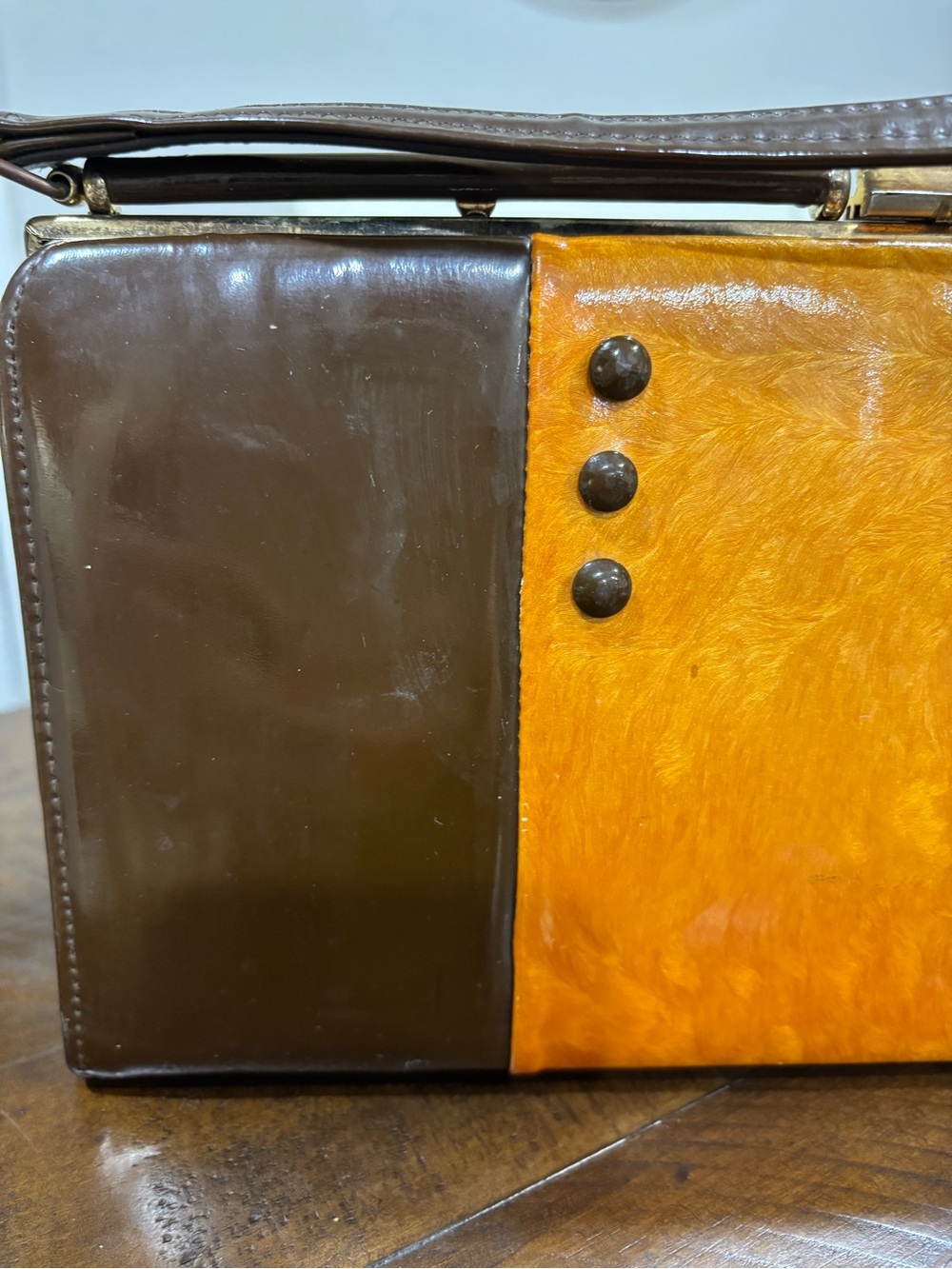 MCM 1960's Two-Tone Orange and Brown Metal close Purse with Stud Accents - Picture 3 of 16